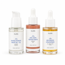 Skin Renewal Trio featuring Double Hydrate Boost Gel, Peptide Serum, and AHA Peeling Concentrate for men.