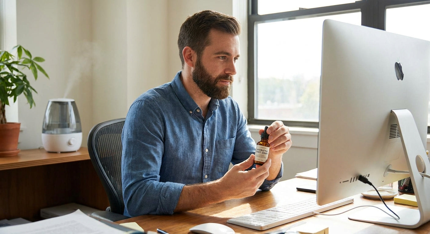Facial serum for men with a desk job and dry office air